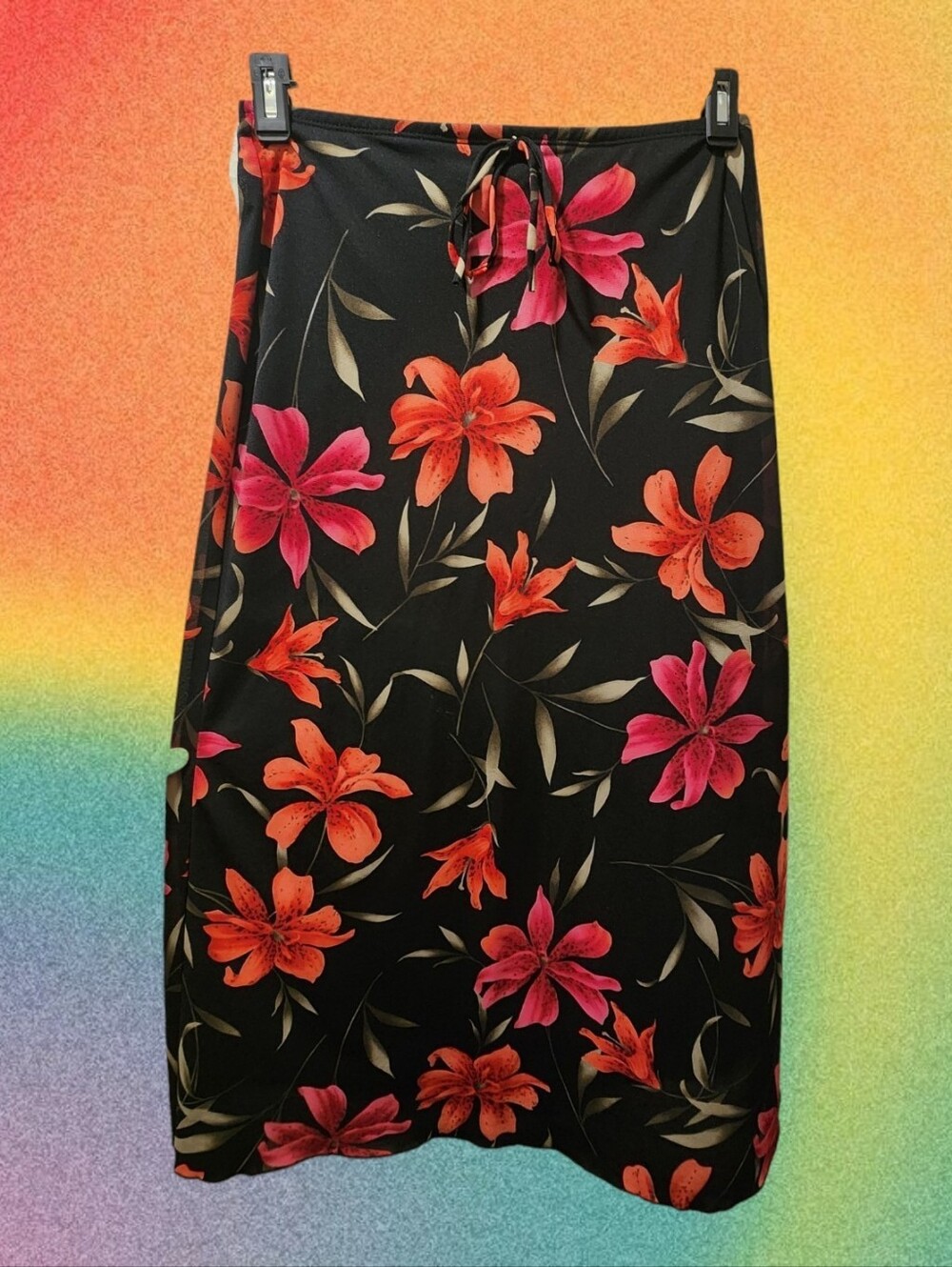 Vintage Black Floral Midi Maxi Skirt with Pink & Orange Lily Print